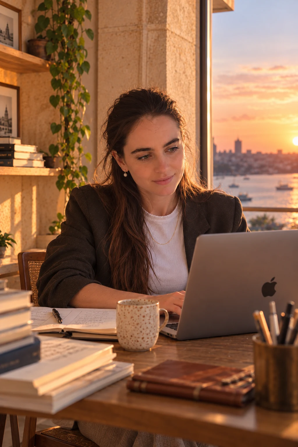 Elouise smiling at her laptop beside a window at sunset