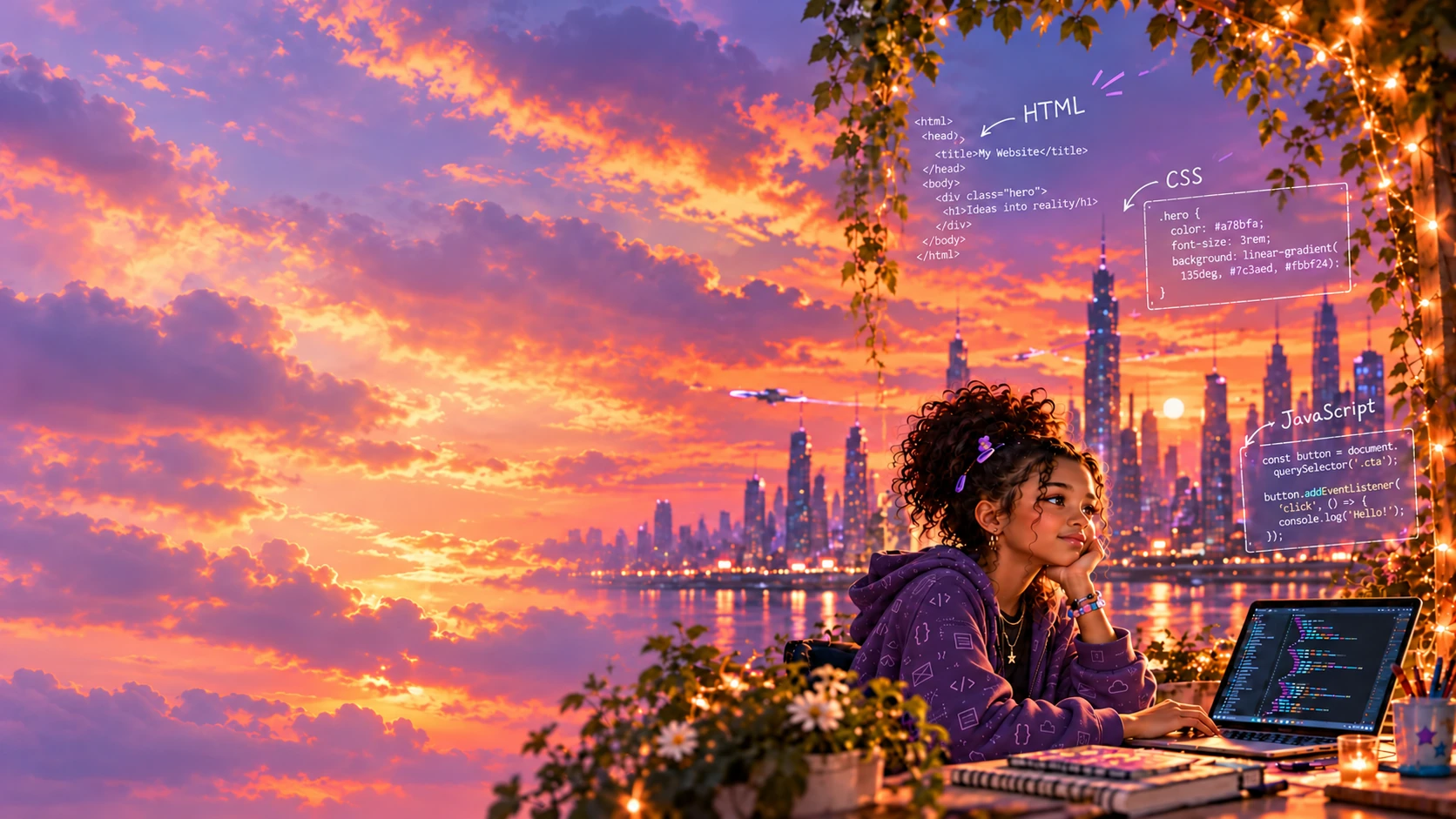 A young creator works on her laptop overlooking a sunset city, with illustrated notes about HTML, CSS and JavaScript.