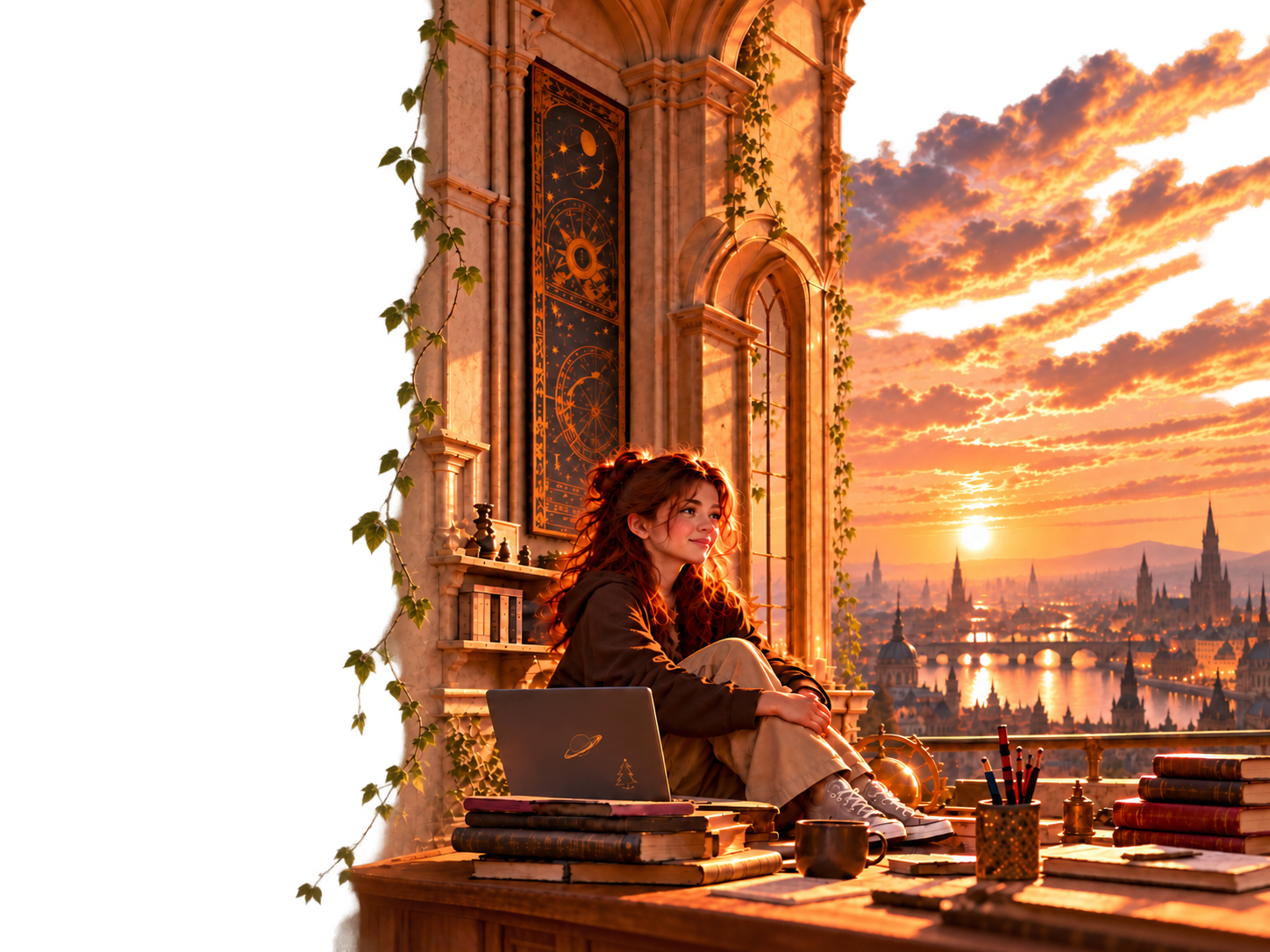 A young creator with her laptop overlooking a sunlit city.
