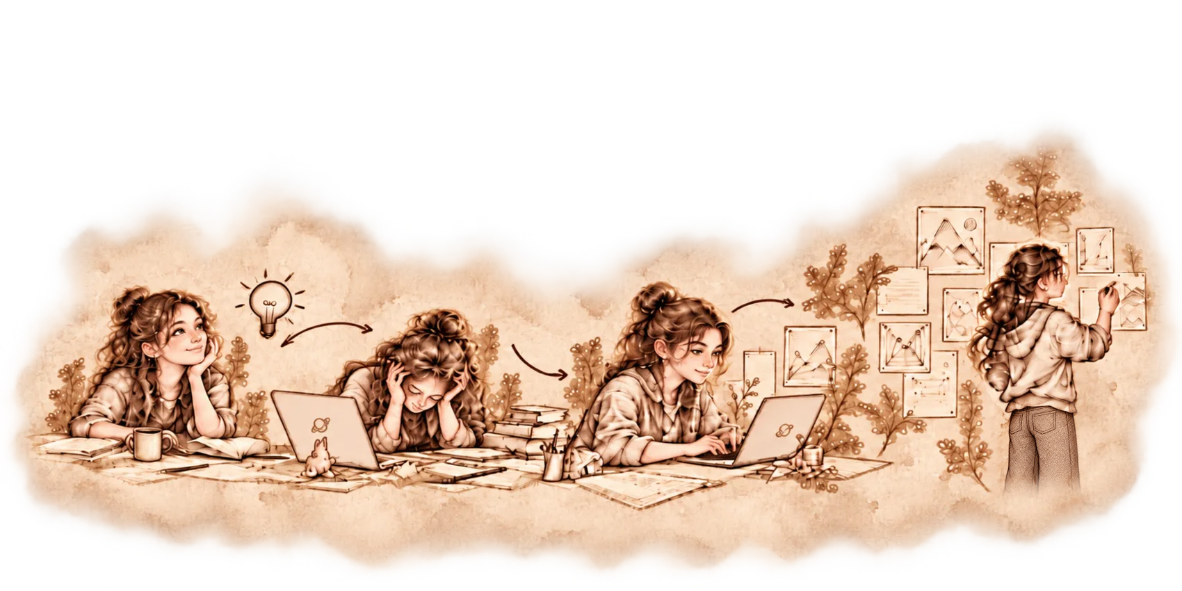 Sketches of a girl developing an idea, working through frustration, building and refining it.