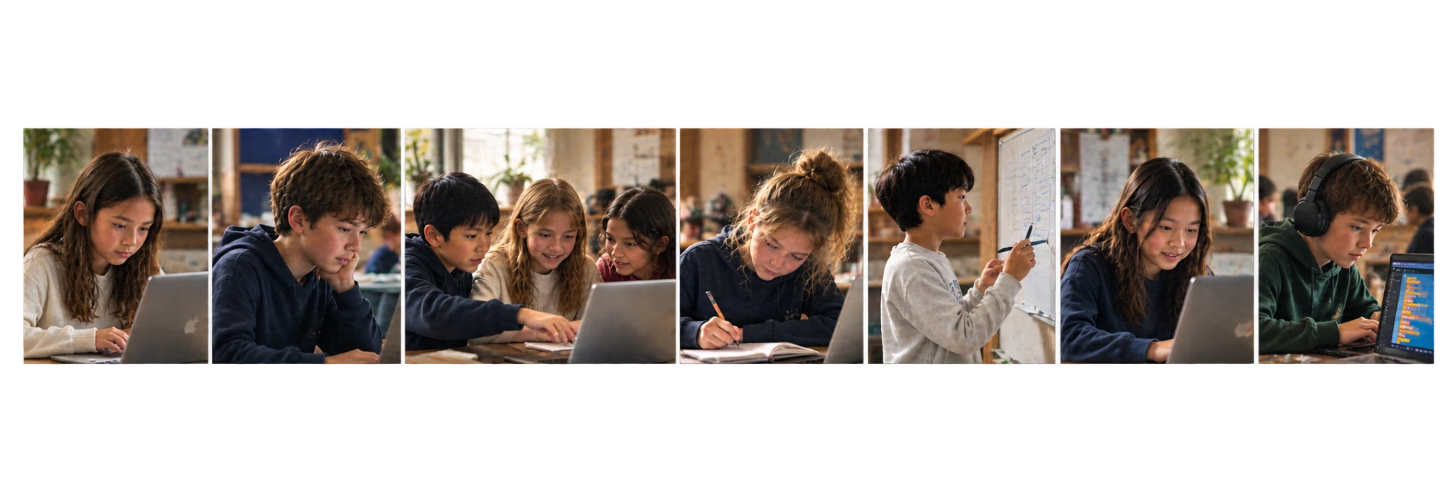 Young people coding on laptops, collaborating, planning, writing and working through ideas.